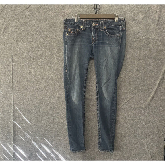 True Religion Skinny Jeans Womens Sz 30‎ Blue Embroidered Stretch SIZE NOTE - Picture 1 of 10